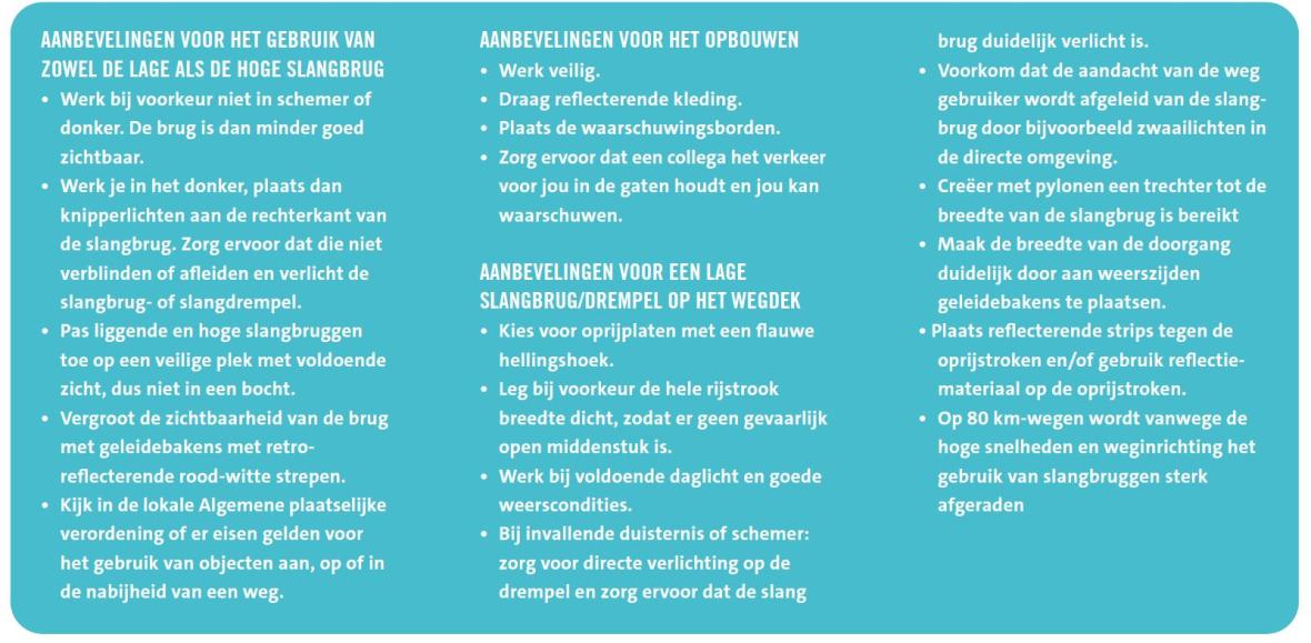 aanbevelingen, slangbrug 